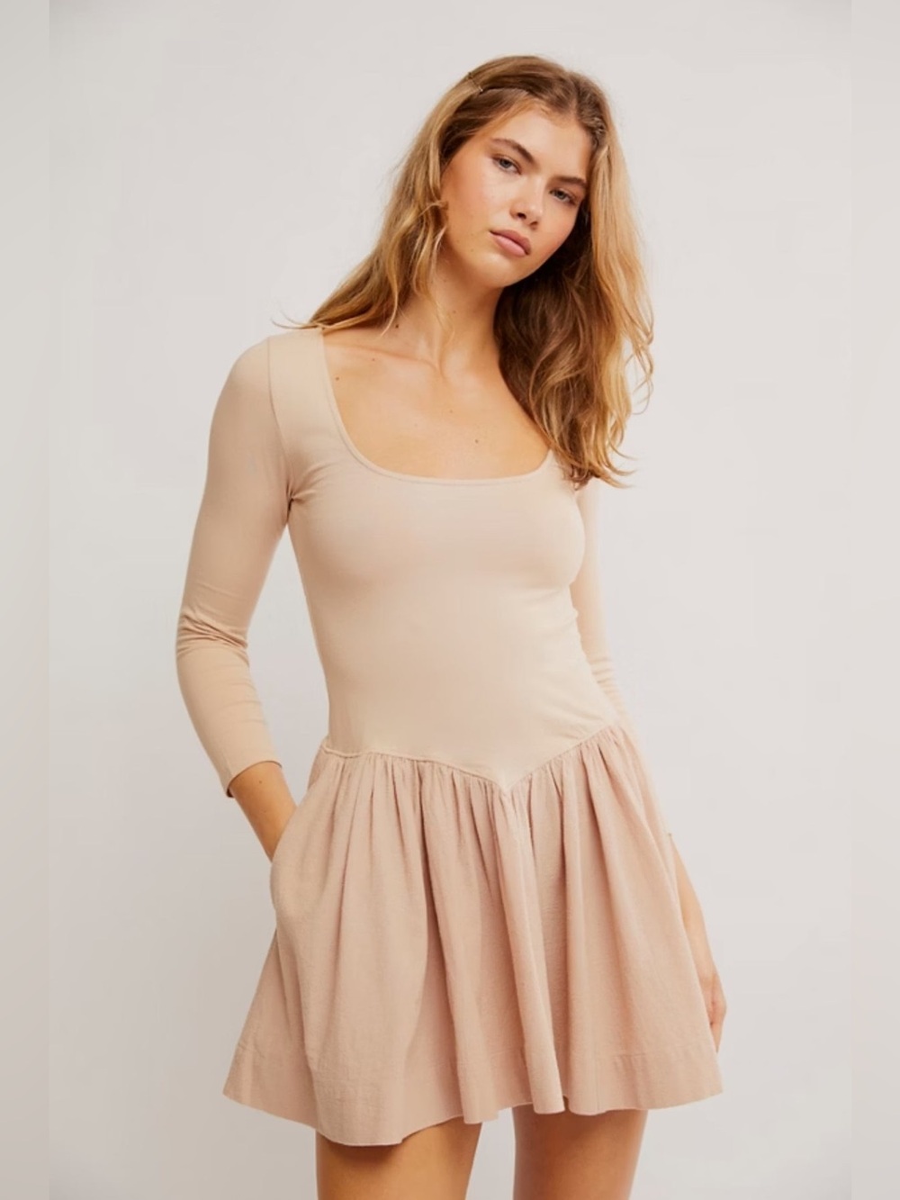 NWT Free People Onda Drop Waist Mini Dress Taupe Long Sleeve Pockets XL